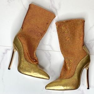 Casadei Gold/Bronze Iridescent Leather & Sequin Sock High Heel Blade Boots 37